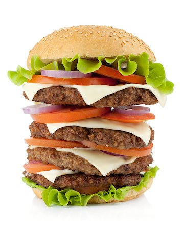 simsearch:400-06513131,k - Huge burger with beef, cheese, onion and tomatoes. Isolated on white background Stock Photo - Budget Royalty-Free & Subscription, Code: 400-07719097