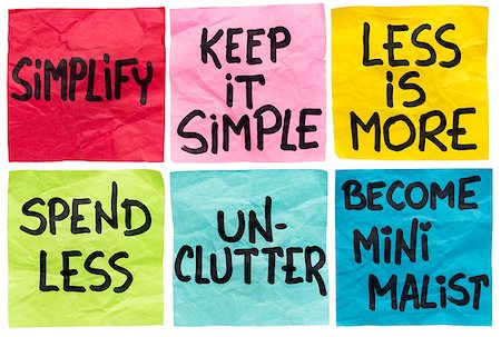 pixelsaway (artist) - simplify, keep it simple, less id more, spend less, unclutter, become minimalist - a set of isolated crumpled sticky notes with handwritten advice and reminders Foto de stock - Royalty-Free Super Valor e Assinatura, Número: 400-07719766