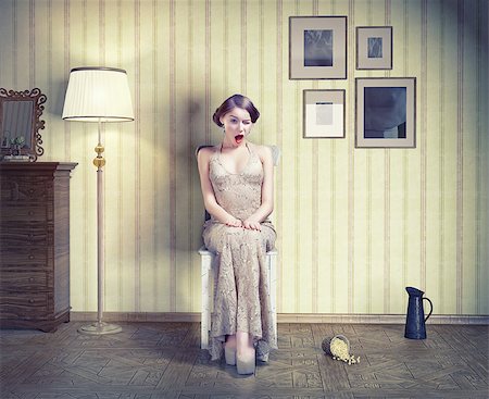 retro horror woman - Surprised beautiful girl in the vintage interior. Creative concept Stock Photo - Budget Royalty-Free & Subscription, Code: 400-07712544