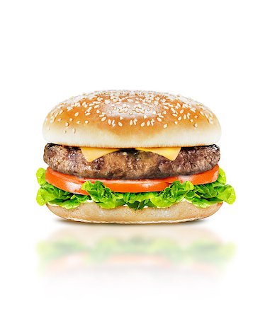 simsearch:400-07817174,k - Delicious burger with beef, tomato, cheese and lettuce on white background with clipping path. Foto de stock - Super Valor sin royalties y Suscripción, Código: 400-07712596