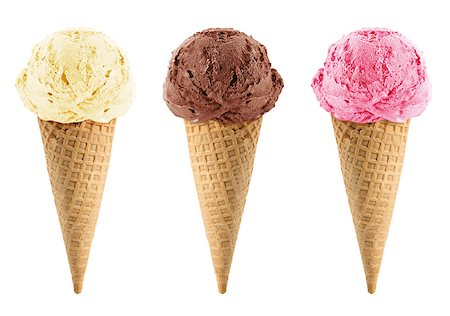 Chocolate, vanilla and strawberry Ice cream in the cone on white background with clipping path. Stock Photo - Budget Royalty-Free & Subscription, Code: 400-07712605