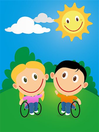 Handicapped happy pair of children in wheelchair playing with friend bar in a sunny day. Stock Photo - Budget Royalty-Free & Subscription, Code: 400-07713057