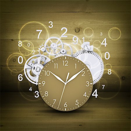 simsearch:400-05163997,k - Clock face with figures and white gears. Wooden background Stock Photo - Budget Royalty-Free & Subscription, Code: 400-07713220