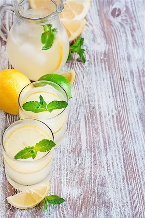 fresh glass of ice water - Mint lemonad in glasses and pitcher. Selective focus. Copy space background. Stock Photo - Budget Royalty-Free & Subscription, Code: 400-07713462