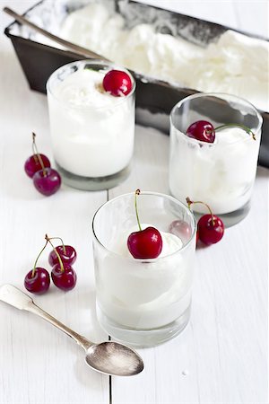 simsearch:400-06701009,k - Homemade vanila ice cream in frozen metalic container and glasses with ripe red cherry. Selective focus. Foto de stock - Royalty-Free Super Valor e Assinatura, Número: 400-07713485