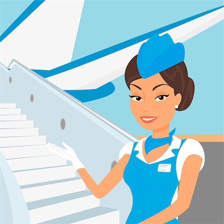 simsearch:400-04429524,k - Female stewardess wearing blue suit  and airplane behind. Stock Photo - Budget Royalty-Free & Subscription, Code: 400-07713652