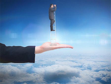 Businessman standing on ladder against blue sky over clouds at high altitude Stock Photo - Budget Royalty-Free & Subscription, Code: 400-07724051