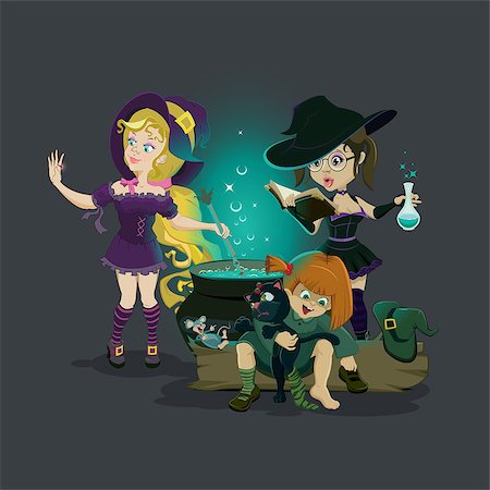 simsearch:400-09132992,k - Three witches brew potion. Vector cartoon illustration Stock Photo - Budget Royalty-Free & Subscription, Code: 400-07724149