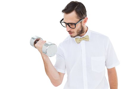 Geeky businessman lifting heavy dumbbell on white background Stock Photo - Budget Royalty-Free & Subscription, Code: 400-07726996