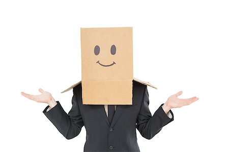 shoulder shrug - Businessman shrugging with box on head on white background Stock Photo - Budget Royalty-Free & Subscription, Code: 400-07727017