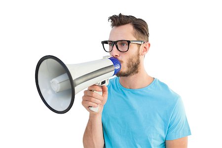 Handsome hipster talking through megaphone on white background Stock Photo - Budget Royalty-Free & Subscription, Code: 400-07727084