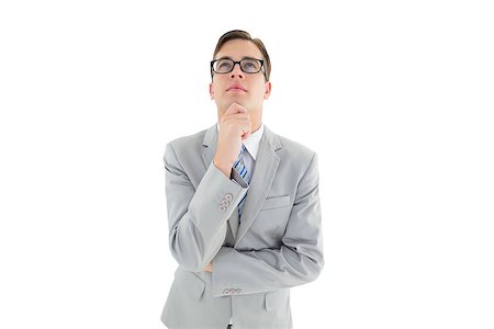 simsearch:400-08076534,k - Geeky happy businessman thinking with hand on chin on white background Foto de stock - Royalty-Free Super Valor e Assinatura, Número: 400-07727184
