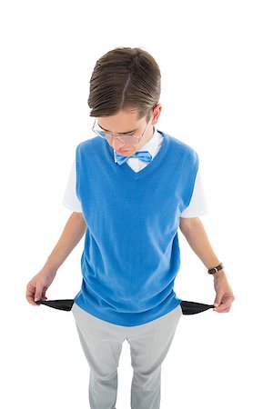 reading glasses top view - Geeky young hipster showing empty pockets on white background Stock Photo - Budget Royalty-Free & Subscription, Code: 400-07727214