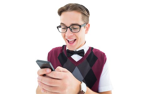 Geeky hipster sending a text on white background Stock Photo - Budget Royalty-Free & Subscription, Code: 400-07727219