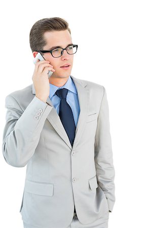simsearch:400-07141016,k - Geeky businessman talking on cellphone on white background Stockbilder - Microstock & Abonnement, Bildnummer: 400-07727285