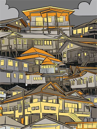 Editable vector illustration of closely packed houses on a hillside at night Stock Photo - Budget Royalty-Free & Subscription, Code: 400-07728074