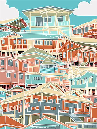 Editable vector illustration of closely packed houses on a hillside Stock Photo - Budget Royalty-Free & Subscription, Code: 400-07728072