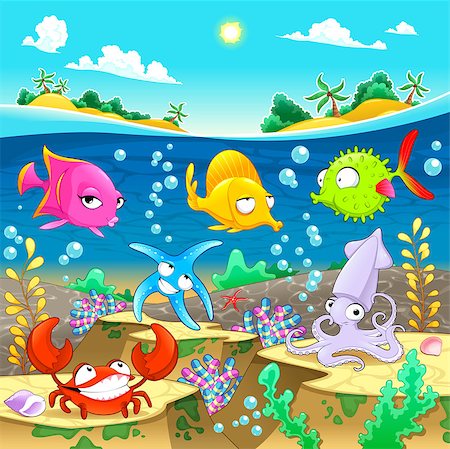 pez globo - Happy marine family under the sea. Vector and cartoon illustration Foto de stock - Super Valor sin royalties y Suscripción, Código: 400-07728666