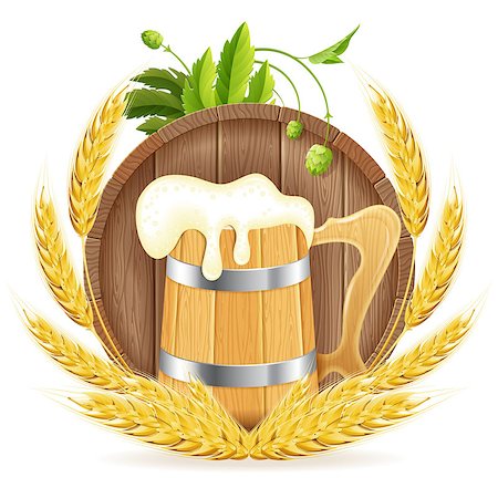 simsearch:400-07315479,k - Oktoberfest Poster with Barrel of Beer, Wooden Mug, Barley and Hops, vector isolated on white background Stock Photo - Budget Royalty-Free & Subscription, Code: 400-07728694