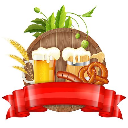 simsearch:400-07720459,k - Oktoberfest Poster with Barrel, Glass of Beer, Barley, Hops, Pretzels, Sausages and Ribbon, vector isolated on white background Stock Photo - Budget Royalty-Free & Subscription, Code: 400-07728696