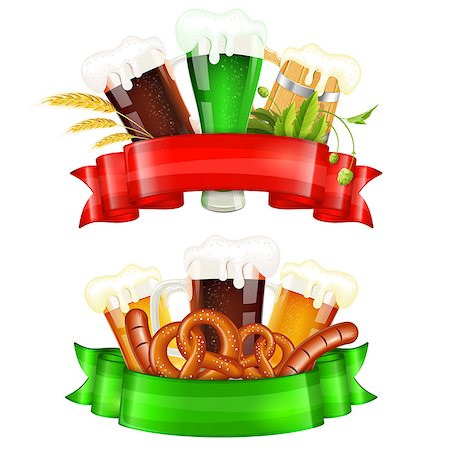 simsearch:400-07720459,k - Collect Oktoberfest Posters with Glasses of Beer, Barley, Hops, Pretzels, Sausages and Ribbons, vector isolated on white background Stock Photo - Budget Royalty-Free & Subscription, Code: 400-07728697