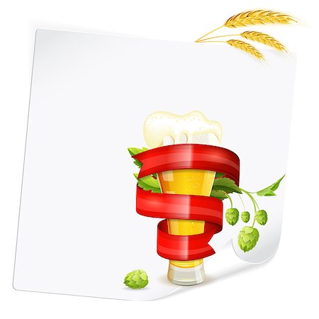 simsearch:400-07728694,k - Oktoberfest Poster with Hops, Glass of Beer, Sheet of White Paper, Barley and Red Ribbon, vector isolated on white background Stock Photo - Budget Royalty-Free & Subscription, Code: 400-07728698