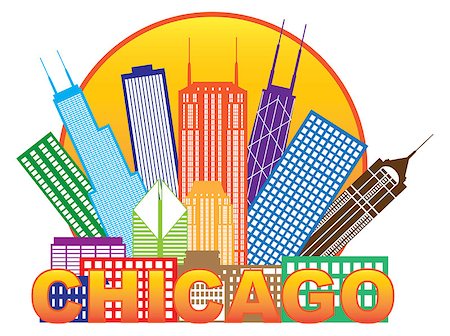 simsearch:400-07104696,k - Chicago City Skyline Panorama Color Outline Silhouette in Circle with Text Isolated on White Background Illustration Foto de stock - Super Valor sin royalties y Suscripción, Código: 400-07729009