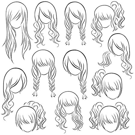 simsearch:400-07508424,k - Set of teenage girl hairstyles, hand drawing vector contour Foto de stock - Super Valor sin royalties y Suscripción, Código: 400-07729123