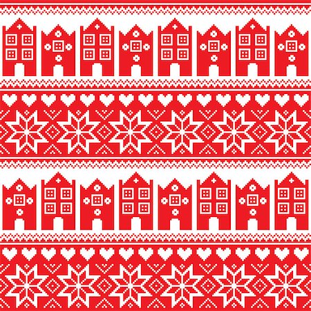 simsearch:400-07107883,k - Winter vector background - Scandinavian red pattern with snowflakes, hearts and houses Foto de stock - Super Valor sin royalties y Suscripción, Código: 400-07729278