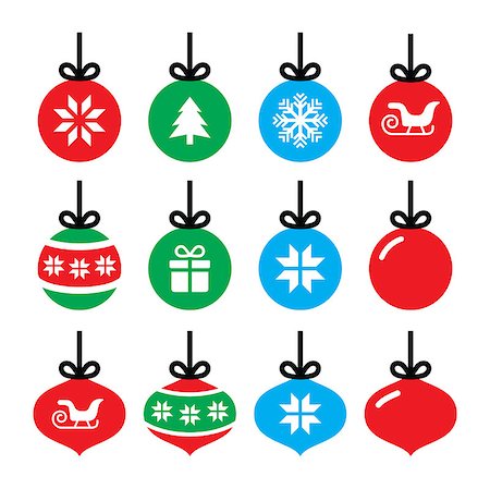 round ornament hanging of a tree - Winter holiday icons set of Christmas tree balls isolated on white Stock Photo - Budget Royalty-Free & Subscription, Code: 400-07720197