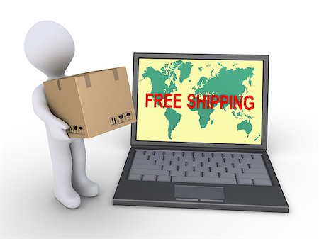 simsearch:400-09225864,k - Person with cardboard box is next to laptop with the world map and FREE SHIPPING text Stock Photo - Budget Royalty-Free & Subscription, Code: 400-07720331