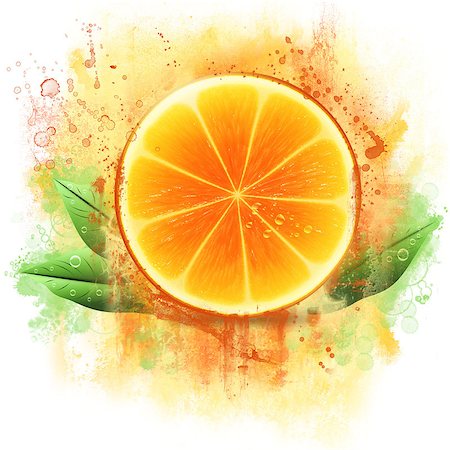 Fresh juicy half of orange with green leaves on grunge background. Stock Photo - Budget Royalty-Free & Subscription, Code: 400-07720416