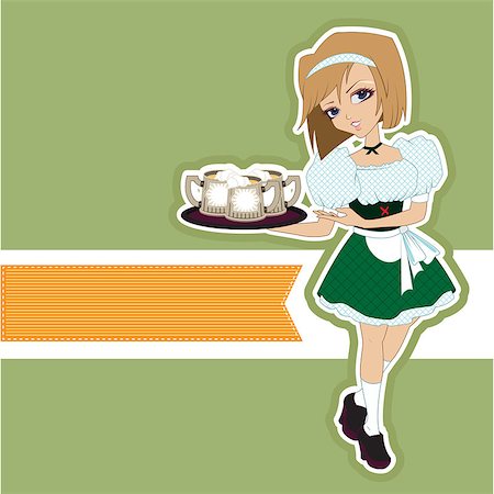 simsearch:400-07294051,k - German girl waitress carries beer at Oktoberfest. Vector cartoon illustration Stock Photo - Budget Royalty-Free & Subscription, Code: 400-07720446