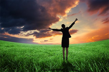 Excited businesswoman cheering against green field under orange sky Stock Photo - Budget Royalty-Free & Subscription, Code: 400-07720722