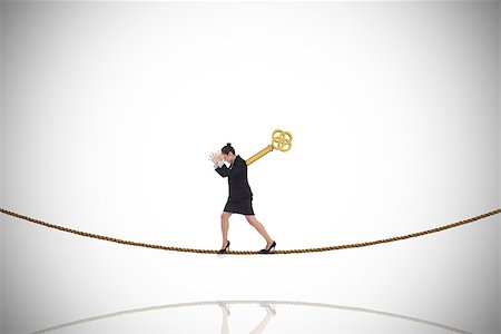 Wound up businesswoman gesturing on tightrope against white background with vignette Foto de stock - Super Valor sin royalties y Suscripción, Código: 400-07720781