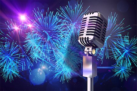 simsearch:400-07720894,k - Retro chrome microphone against digitally generated bright firework design Foto de stock - Super Valor sin royalties y Suscripción, Código: 400-07720898