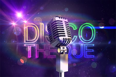 simsearch:400-07477109,k - Retro chrome microphone against digitally generated colourful discotheque text Stockbilder - Microstock & Abonnement, Bildnummer: 400-07720900