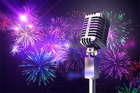 simsearch:400-07477109,k - Retro chrome microphone against digitally generated bright firework design Stockbilder - Microstock & Abonnement, Bildnummer: 400-07720902