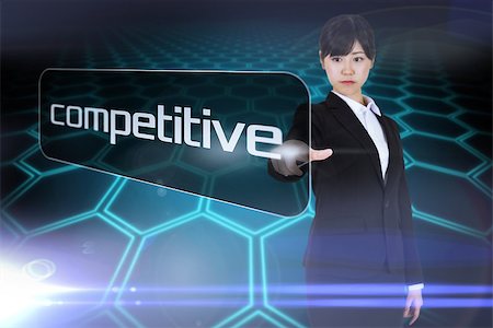 simsearch:400-07721096,k - Businesswoman pointing to word competitive against black background with shiny hexagons Stockbilder - Microstock & Abonnement, Bildnummer: 400-07721064