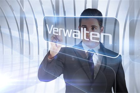 Businessman presenting the word manage in german against white room with large window overlooking city Stock Photo - Budget Royalty-Free & Subscription, Code: 400-07721143