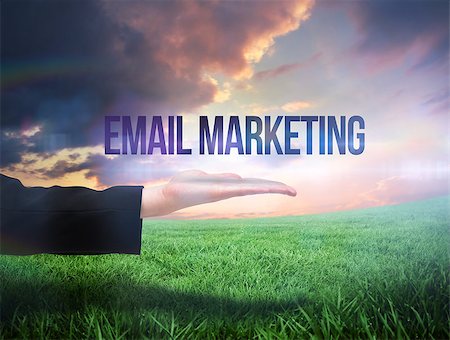 simsearch:400-07721272,k - Businesswomans hand presenting the words email marketing against green field under orange sky Stock Photo - Budget Royalty-Free & Subscription, Code: 400-07721179