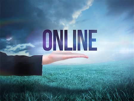 simsearch:400-07721272,k - Businesswomans hand presenting the word online against blue sky over green field Stock Photo - Budget Royalty-Free & Subscription, Code: 400-07721181