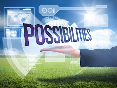 simsearch:400-07721272,k - Businesswomans hand presenting the word possibilites against sunny green landscape Stock Photo - Budget Royalty-Free & Subscription, Code: 400-07721284