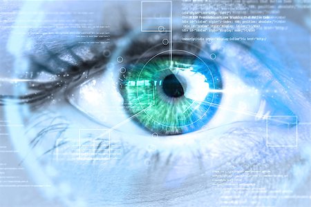 simsearch:400-07665579,k - Composite image of close up of female blue eye against interface Photographie de stock - Aubaine LD & Abonnement, Code: 400-07723939