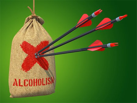 simsearch:400-07745360,k - Alcoholism - Three Arrows Hit in Red Target Hanging on the Sack on Green Background. Photographie de stock - Aubaine LD & Abonnement, Code: 400-07745346