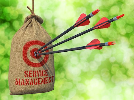 Service Management - Three Arrows Hit in Red Target on a Hanging Sack on Bokeh Background. Foto de stock - Super Valor sin royalties y Suscripción, Código: 400-07745348