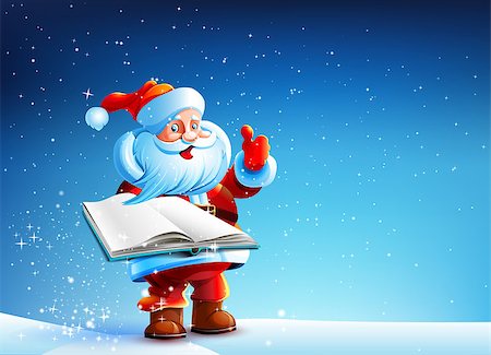 Santa Claus is standing in the snow snow New Year's Eve. Santa Claus smiling. Santa Claus is holding an open book. Open book in the hands of Santa Claus Foto de stock - Super Valor sin royalties y Suscripción, Código: 400-07745515
