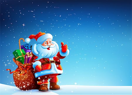 Santa Claus standing in the snow with a bag of gifts and showing thumb up. He stands on a dark blue sky with stars. Bag with gifts Santa standing in snowdrift. Stock Photo - Budget Royalty-Free & Subscription, Code: 400-07745635