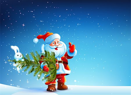 simsearch:622-06487860,k - Santa Claus standing in the snow and keeps the tree. Bunny helps Santa Claus. Bunny hanging on Christmas tree. Photographie de stock - Aubaine LD & Abonnement, Code: 400-07745636