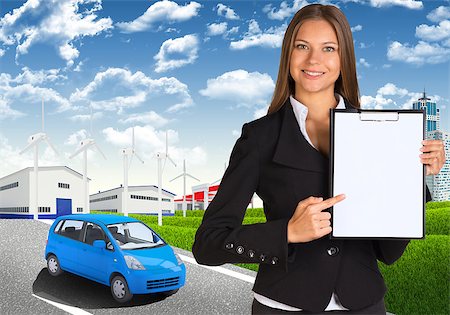 Businesswoman holding paper holder. Road, skyscrapers and industrial area as backdrop Photographie de stock - Aubaine LD & Abonnement, Code: 400-07746265